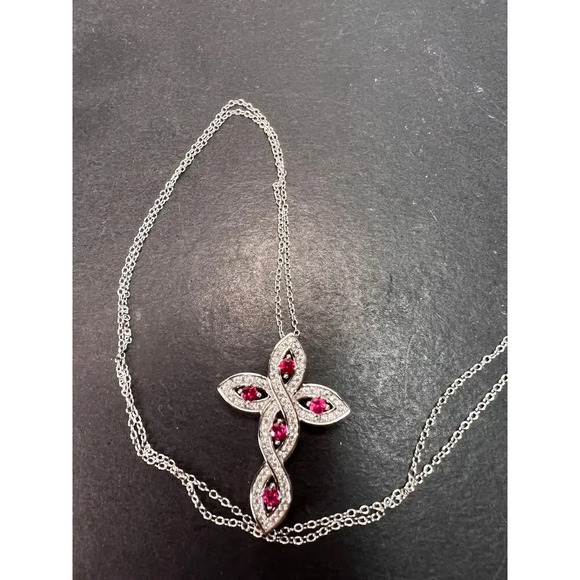 Lab ruby and CZ cross pendant and chain in rhodium over sterling silver - Picture 6 of 11